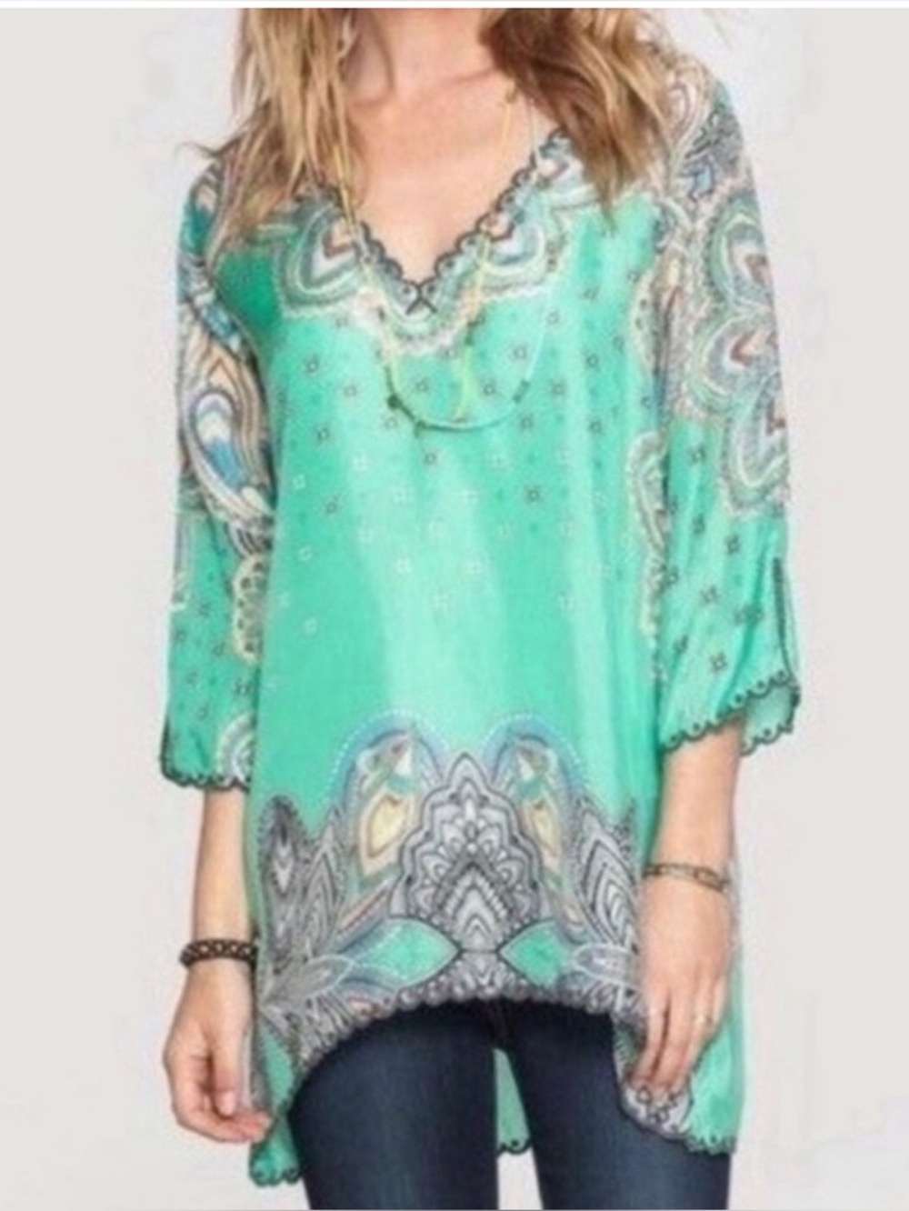 Johnny Was Tunic Top Silk Floral V Neck Boho Hippie Fairy
Embroidered Teal XXL